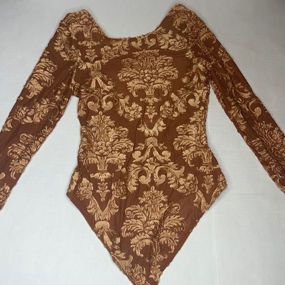 Bodysuit sheered long sleeve mustard shirt with detailed print